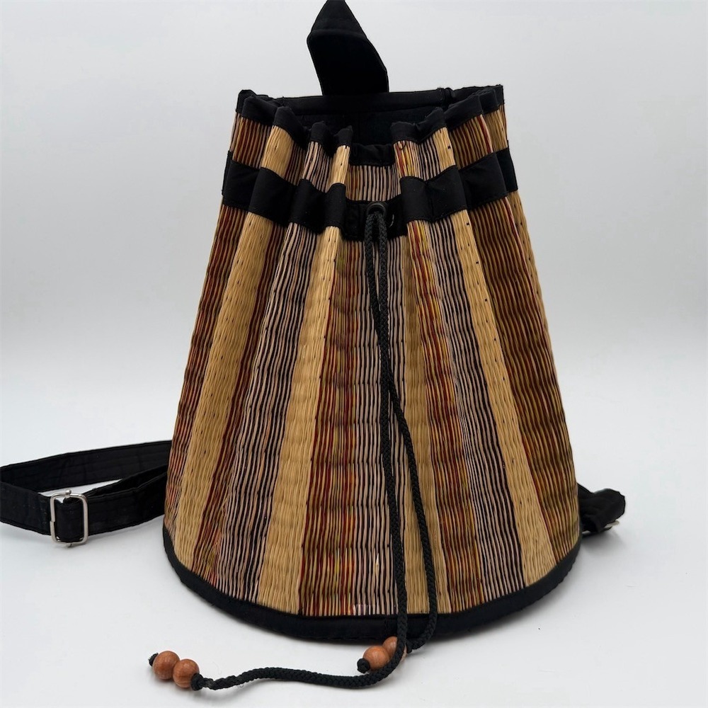 Baskets of Cambodia Woven Drawstring Backpack Purse Tan Black Trim Medium‎